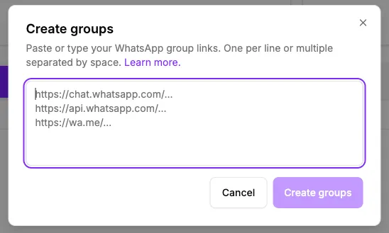 Interface for creating a new WhatsApp group in the Dashboard