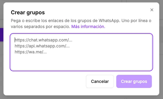 Interfaz de creación de un nuevo grupo de WhatsApp en el panel