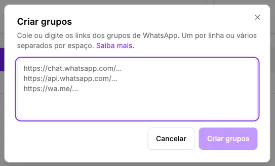 Interface de criação de grupos de WhatsApp no painel
