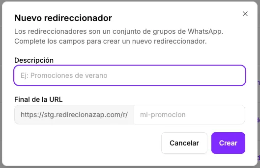 Pantalla de creación de redireccionador