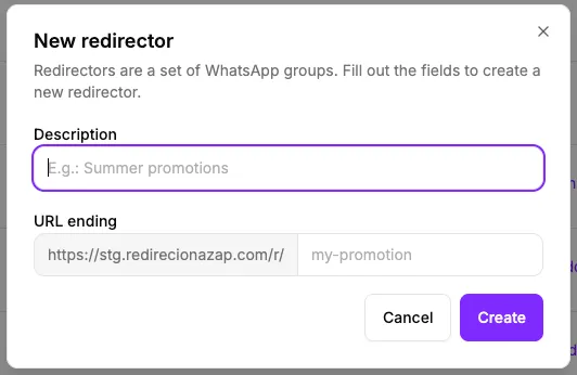 Redirector creation screen