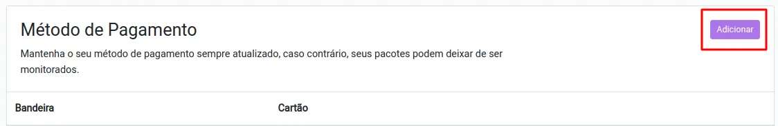 Botão para cadastrar novo cartão de crédito