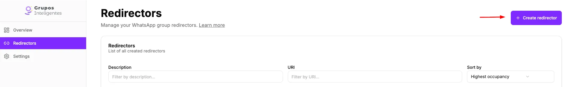 Quick access button to create a new redirector in the Dashboard