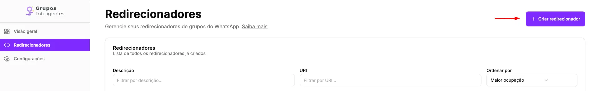 Criação de novo redirecionador inteligente no painel
