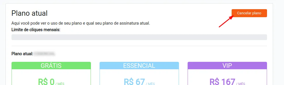 Localização do botão de cancelamento de plano no painel