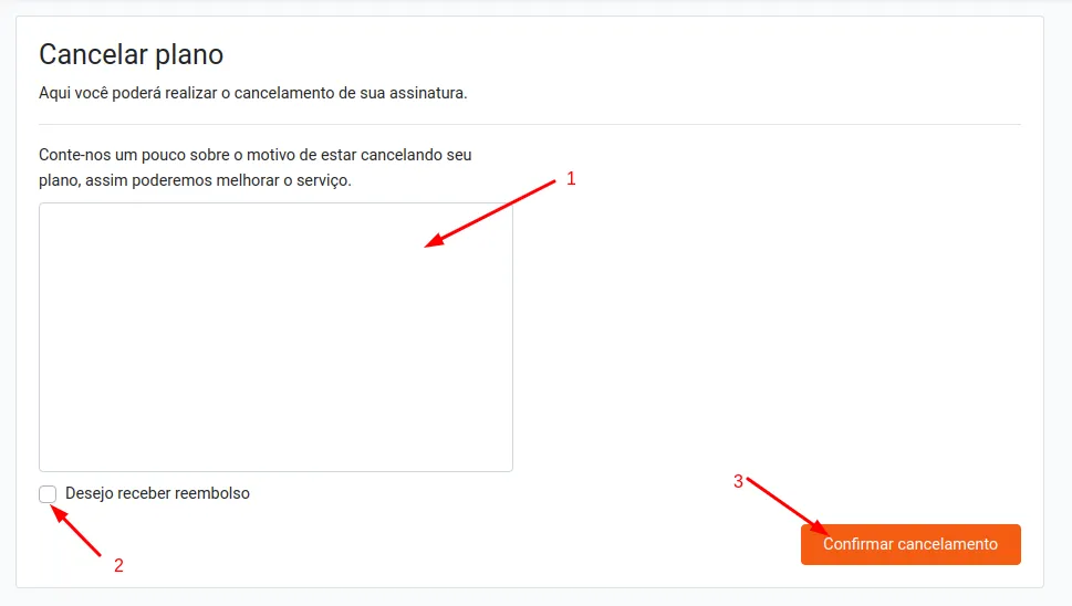 Formulário de feedback para cancelamento de plano