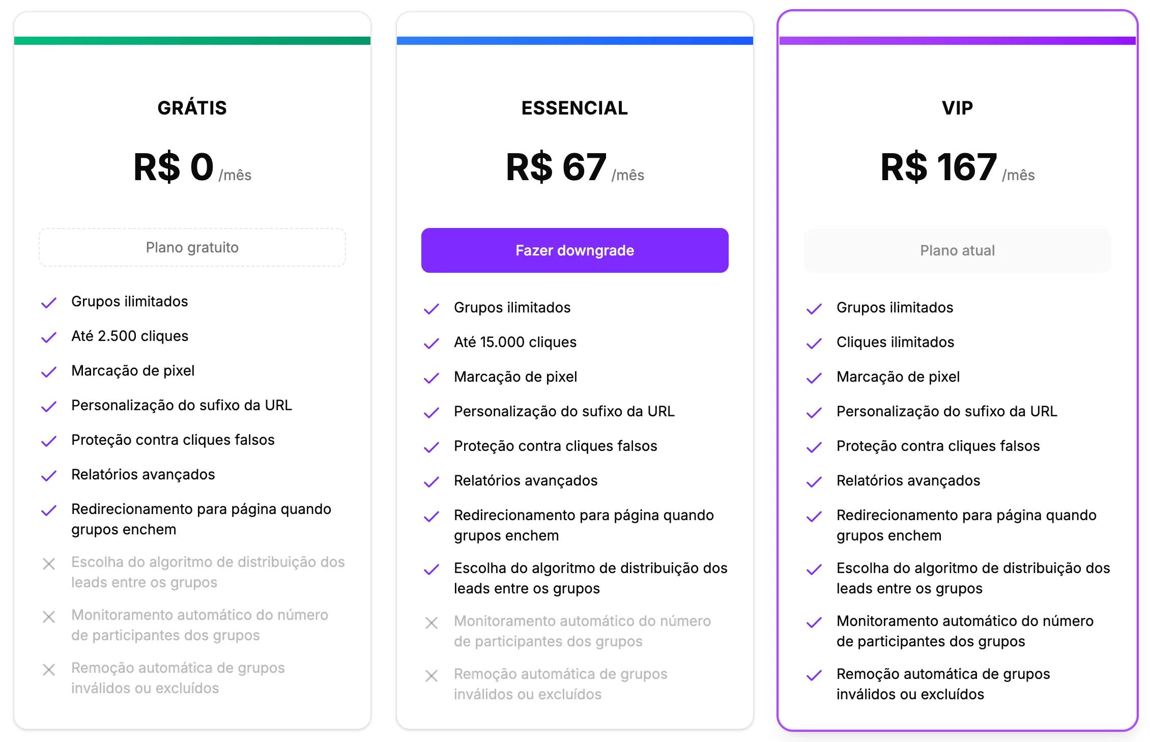 Página de seleção de planos de assinatura