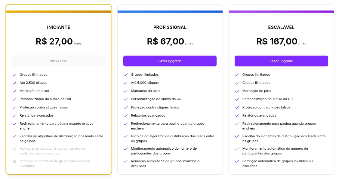 Página de seleção de planos de assinatura