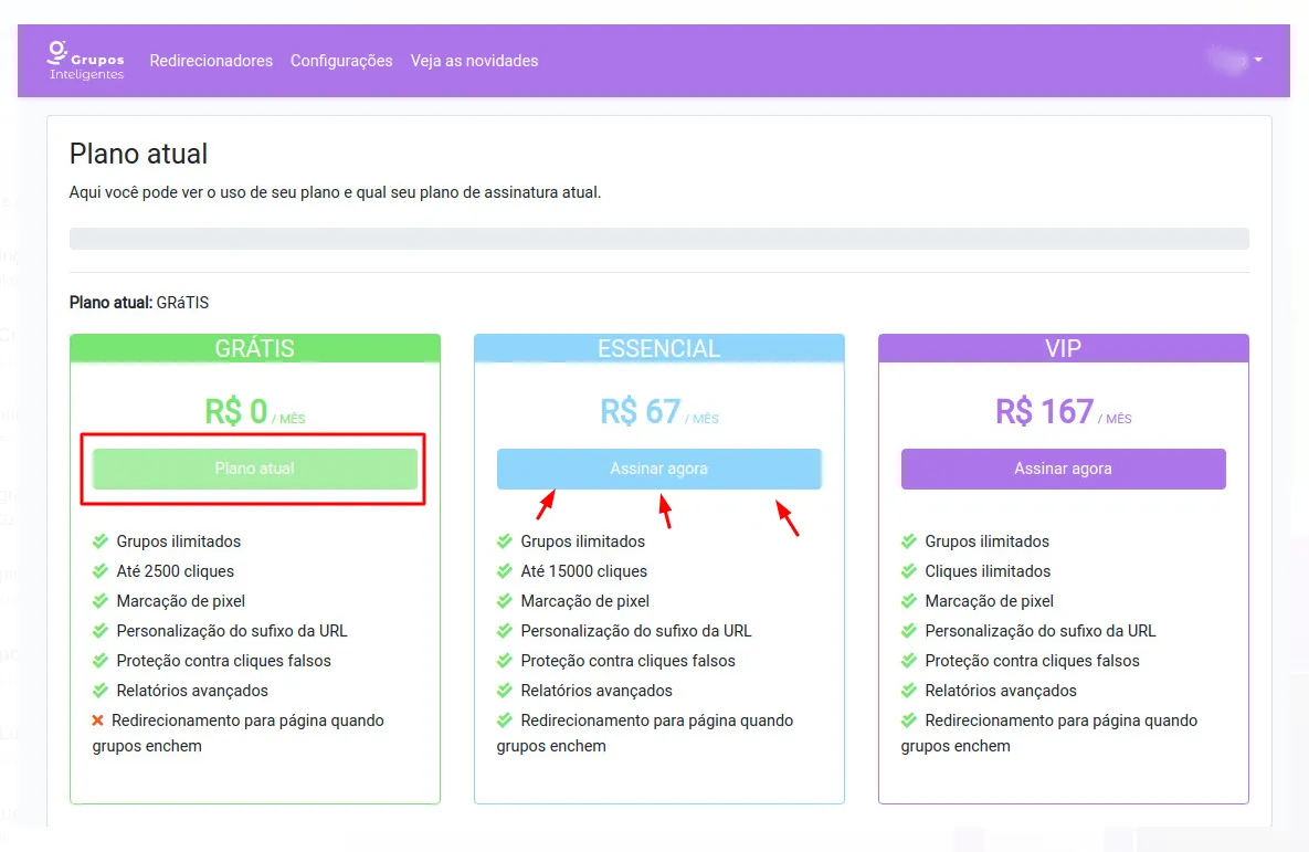 Página de seleção de planos de assinatura