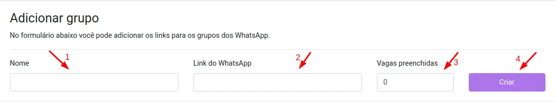 Interface de criação de novo grupo de WhatsApp no painel
