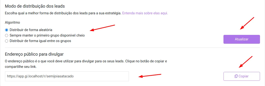 Interface de seleção de modos de distribuição inteligente