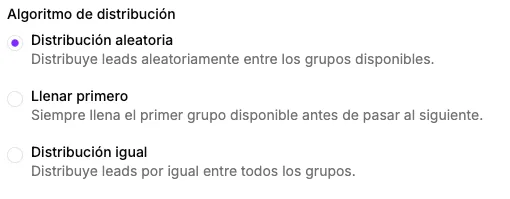 Interfaz de selección del algoritmo de distribución de leads