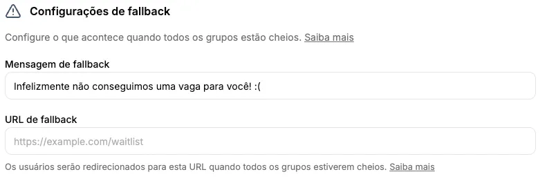 Configuração de URL de destino para grupos cheios