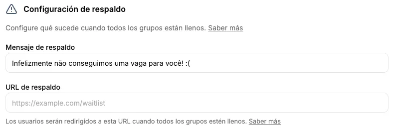 Configuración de URL de destino para grupos llenos