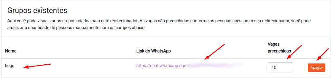 Lista de grupos de WhatsApp cadastrados e opções de edição