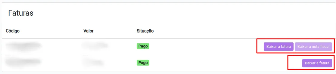 Interface da lista de faturas com opções de download e visualização de NF