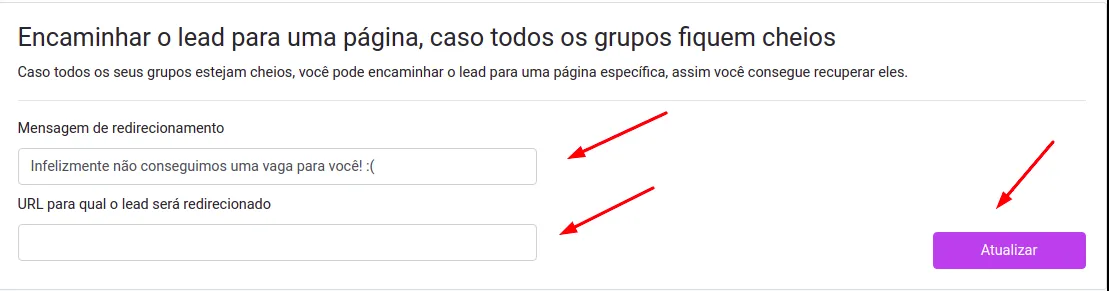 Configuração de URL de destino para grupos cheios