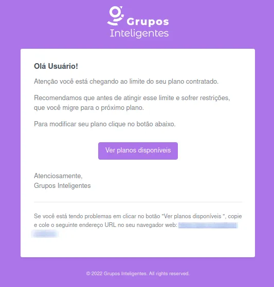 Alerta visual de 90% de uso do limite de cliques do plano