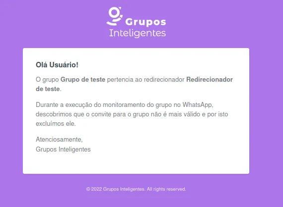 Notificação no painel sobre a exclusão automática de um grupo inativo