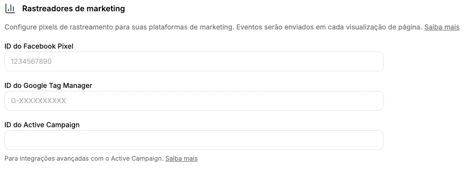 Campos de configuração de Pixel e GTM no painel