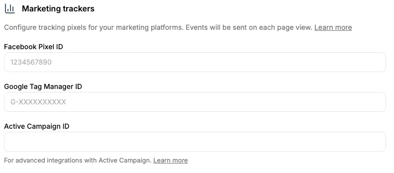 Pixel and GTM configuration fields in the Dashboard